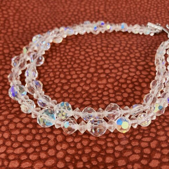 VTG 1950-60s Necklace AB Crystal Graduated Bead Double Strand Choker Layered MCM - Picture 2 of 12